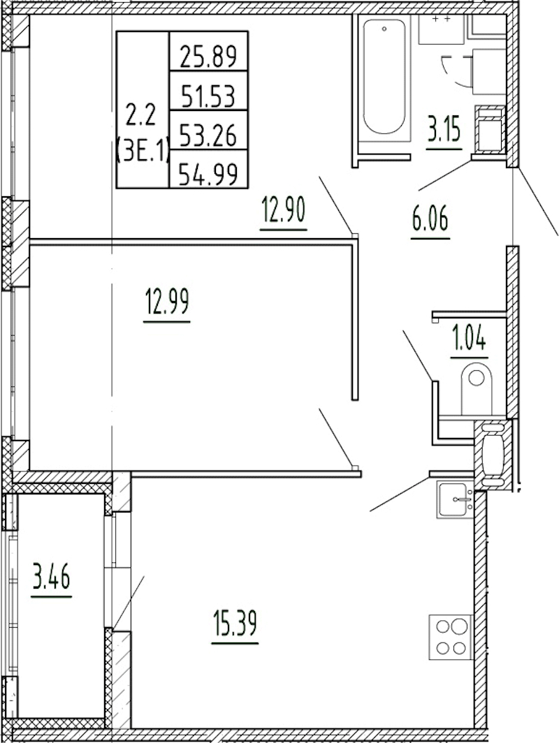 2-комнатная квартира 51.53 м², 9/13 эт., ЖК «Полис Приморский 2»